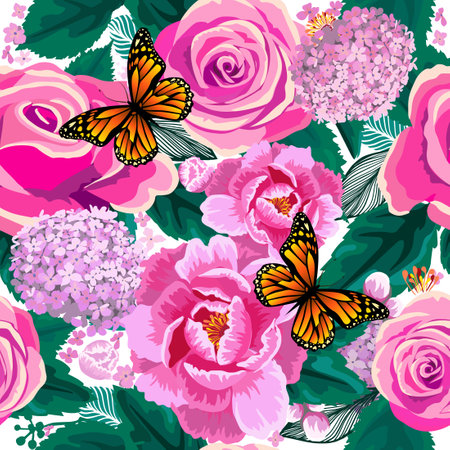 Pink roses seamless pattern with butterflies. Vector illustrationのイラスト素材