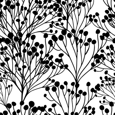 Seamless monochrome pattern of abstract sprigs with berries. Vector illustration. Vector botanical design for textile, wrapping paper, brandingのイラスト素材
