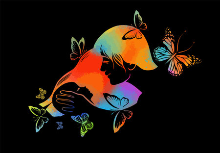 Abstract mother with a child. Colorful Mother s Day card. Woman hugging her baby. Happy motherhood concept. Modern vector illustrationのイラスト素材