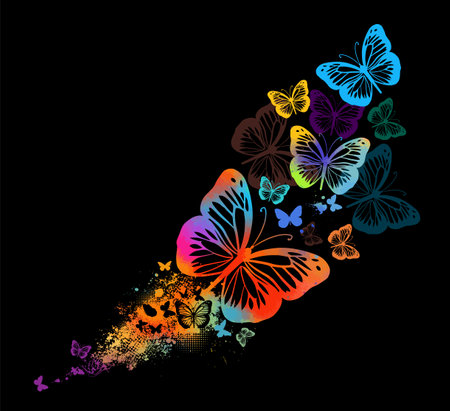 Abstract multicolored butterflies with splashes of paint. on a black background Vector illustrationのイラスト素材