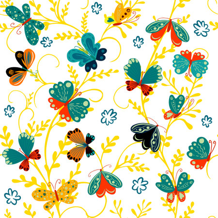 Seamless botanical background with flowers and butterflies. Vector illustrationのイラスト素材