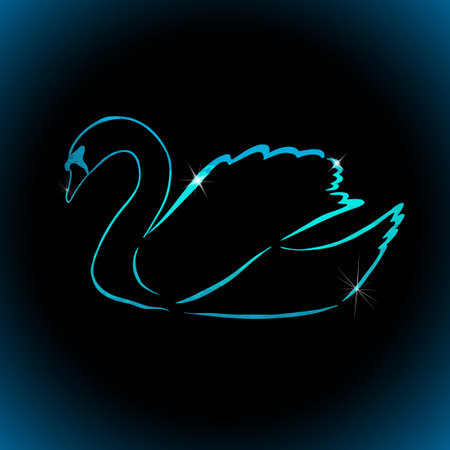 Beautiful multicolored abstract silhouette of a swan. One line drawing. Blue swan on a black background. Vector illustrationのイラスト素材