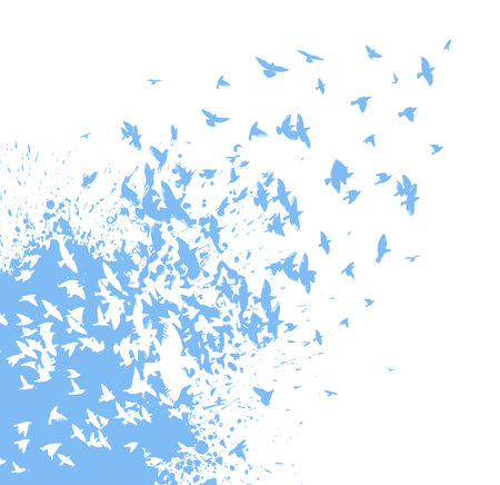 Bird watercolor. A flock of blue birds. Abstraction from blots and birds Mixed media. Vector illustrationのイラスト素材