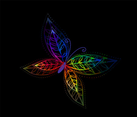 Abstract multicolored leaves with butterflies on a black background. Vector illustrationのイラスト素材
