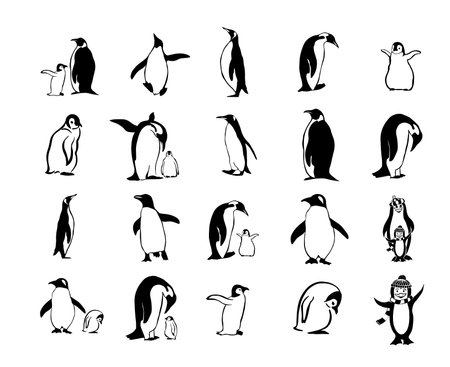 Set of monochrome penguins. Vector illustrationのイラスト素材