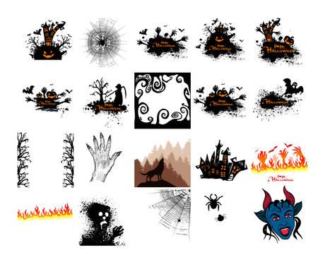 Set of silhouettes of Halloween on a white background. Happy Halloween Vector illustrationのイラスト素材