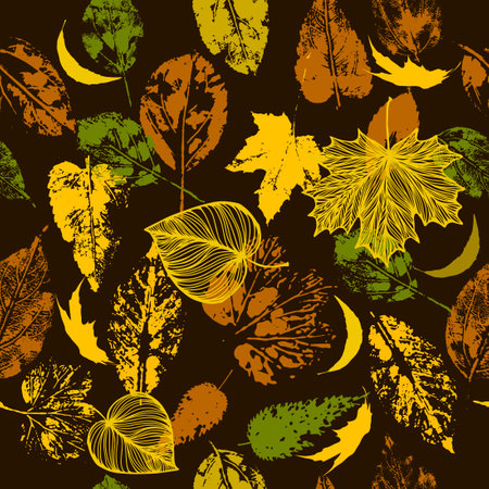 Autumn leaves on a dark background. Seamless pattern. Vector illustration. Fall foliage backgroundのイラスト素材