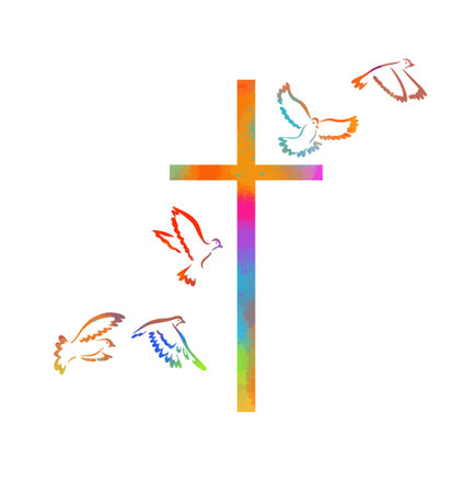 Dove on peace and cross isolated religion symbol. Colored religious cross with flying birds. Vector illustrationのイラスト素材