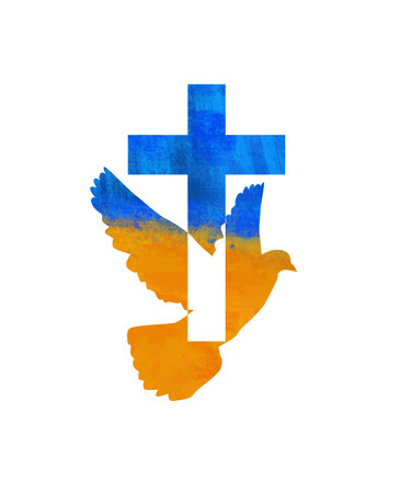 Dove flying with a Symbol of Religion. Cross. Ukrainian flag colors Dove Of Peace. No war. Freedom to Ukraine  Vector illustration.のイラスト素材