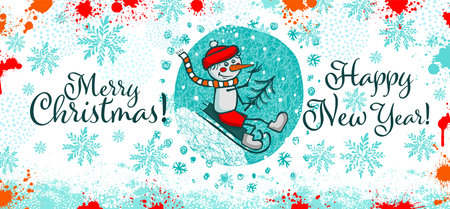 Mug design merry christmas and happy new year with snowman. The boy is a snowman with a Christmas tree in his hands, sledding. Vector illustrationのイラスト素材