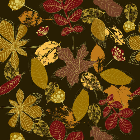 Autumn leaves dark background. Seamless pattern Vector illustration. Fall foliage backgroundのイラスト素材