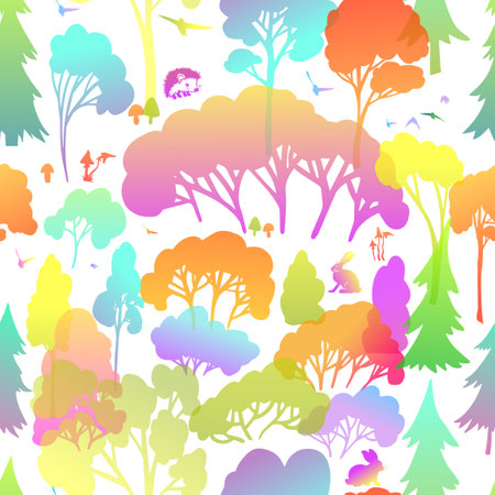 Abstract seamless pattern with autumn forest. Seamless background of colored trees. Vector illustration. Trendy hand drawn textures.のイラスト素材