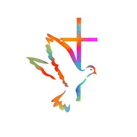 Dove on peace and cross isolated religion symbol. Colored religious cross with flying birds. Vector illustrationのイラスト素材