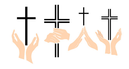 Set of religious cross in hands. Vector illustrationのイラスト素材
