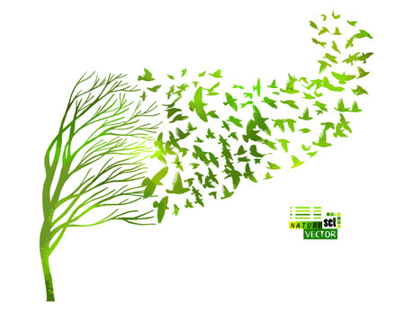Tree silhouette with green birds flying. A flock of birds fly south in autumn. Vector illustrationのイラスト素材