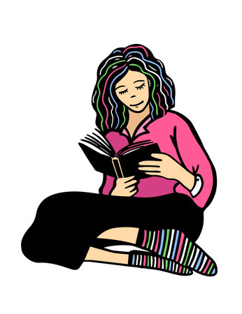 Pretty girl with book. Cute Cartoon character. The girl is reading a book Vector illustrationのイラスト素材