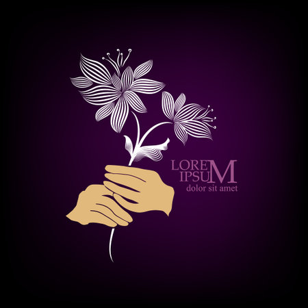 Purple postcard. White flower in hand. Greeting card Vector illustrationのイラスト素材