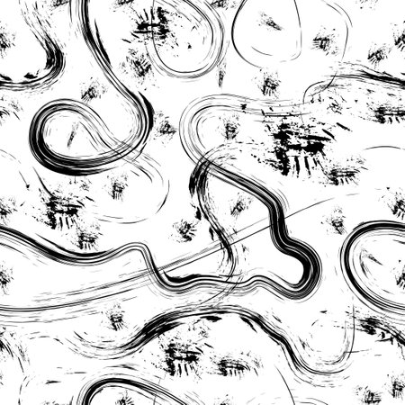 Black paint brush strokes vector seamless pattern. Hand drawn curved and wavy lines with grunge circles. Chaotic ink brush scribbles decorative texture. Messy doodles, bold curvy lines illustration.のイラスト素材