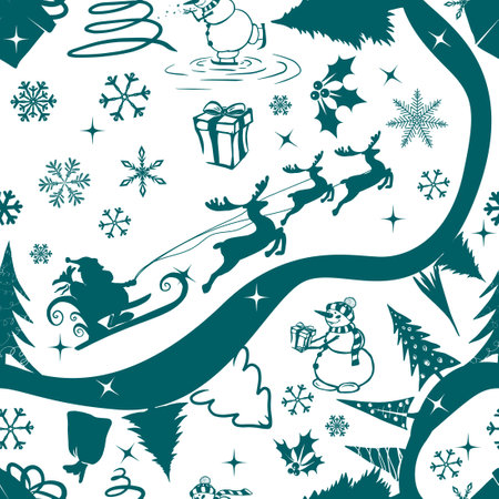 Seamless santa pattern with reindeer. Santa claus is driving down the road. Vector illustrationのイラスト素材