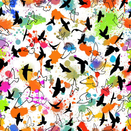 Seamless pattern flying birds. Lots of doves. Multicolored blots background. Vector illustration