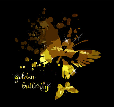 Gold abstract butterfly on black background with reflection. Vector illustrationのイラスト素材