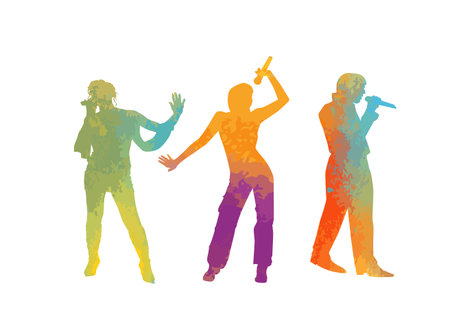 Singer vector silhouette of watercolor splash paint. silhouettes of singers colored. Vector illustrationのイラスト素材