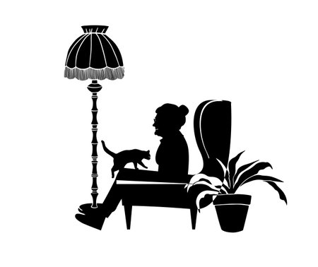 Senior woman with pets. Grandmother sits in a chair with a cat. Monochrome silhouette of an old woman. Vector illustration. Elderly people careのイラスト素材