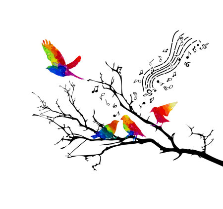 Colored birds on a branch sing songs. Vector illustrationのイラスト素材