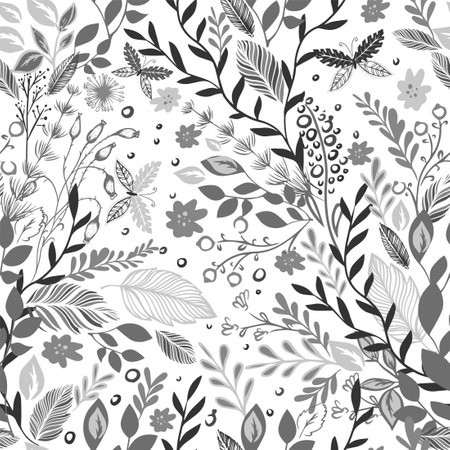 Seamless pattern graphic leaves from lines. Vector illustration. Free hand drawn trellis.のイラスト素材