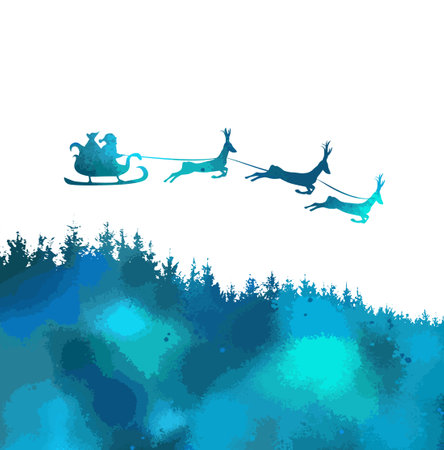 Santa flies over the forest. Vector illustrationのイラスト素材