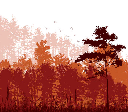 Autumn landscape with orange trees. Vector illustrationのイラスト素材