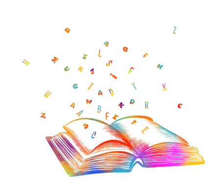 Colorful book with flying letters, Education template design element, Vector illustrationのイラスト素材