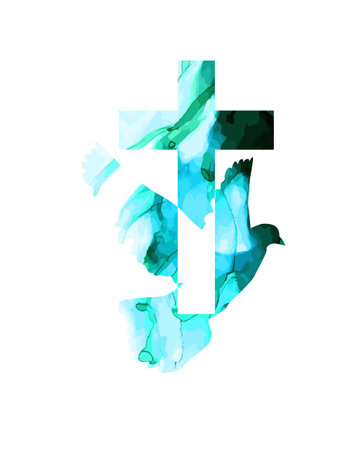 Dove flying with a Symbol of Religion. blue Cross. Dove Of Peace. No war. Freedom to Ukraine . Vector illustration.のイラスト素材
