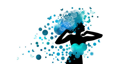 Abstraction girl with blue blots. Vector illustration, beauty and fashion industry.のイラスト素材