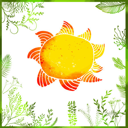 Sun and grass watercolor. Hello summer and spring. Vector illustration