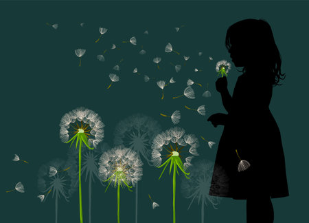 Girl with dandelions on a dark background. Vector illustrationのイラスト素材