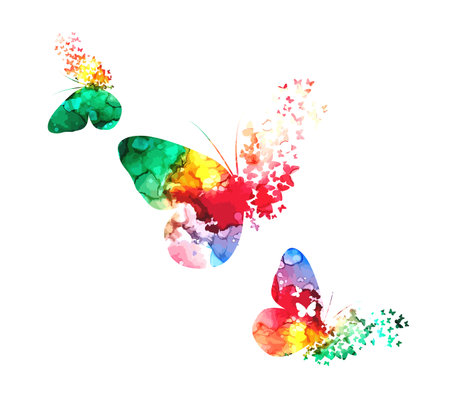 Abstract multicolored butterfly. Mixed media. Rainbow blots. Vector illustrationのイラスト素材