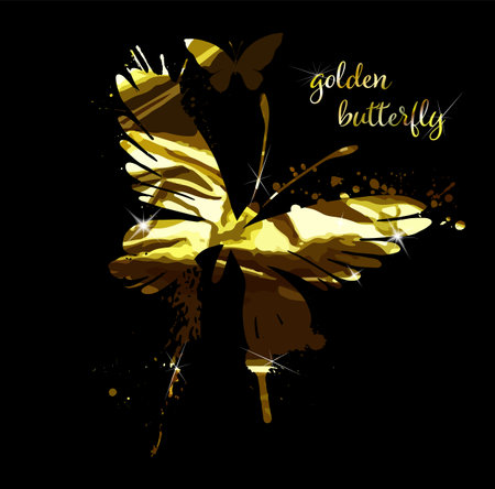 Gold abstract butterfly on black background with reflection. Vector illustrationのイラスト素材