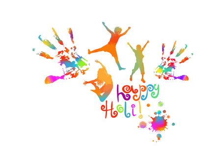 Happy Holi card with kid and blots. Spotted silhouette in iridescent tones on white background. Vector illustrationのイラスト素材