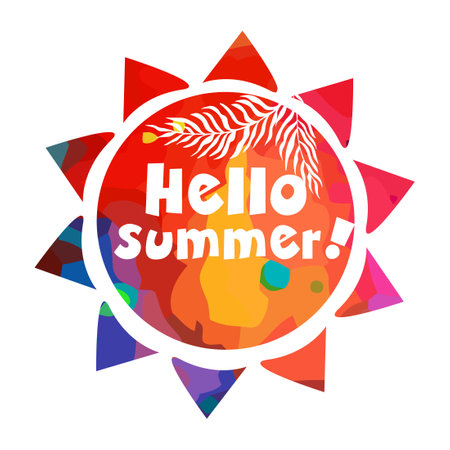 Hello Sun Stylish Fun Invitation Card for Holiday Days and Celebration Party. Best Modern Design Vector Illustration: Hand Drawn Textures for Headline, Banners, Logos, Brochures and other Templates.のイラスト素材