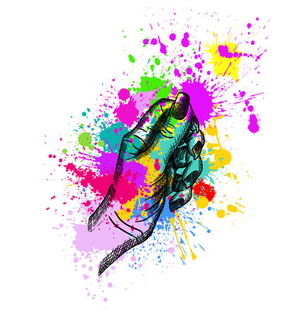 hand with blots. Happy holi. Vector illustrationのイラスト素材