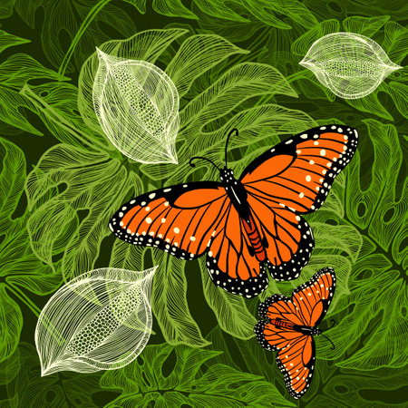 Seamless pattern monstera leaves with orange butterflies. Vector illustrationのイラスト素材