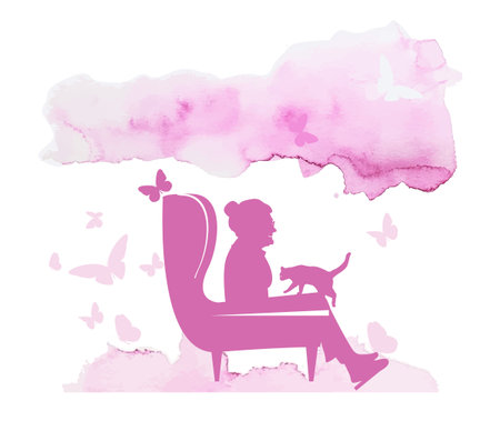 Abstract silhouette of an elderly woman is reading with a cat. Pink watercolor. Vector illustrationのイラスト素材