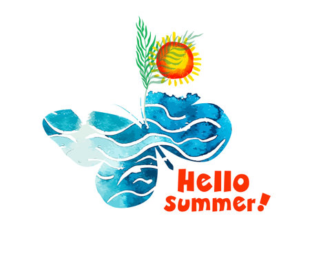 Abstract butterfly watercolor sea, palm tree, sun. Hello summer. Vector illustration.のイラスト素材