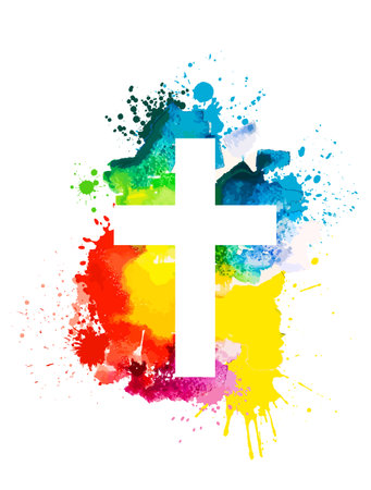White religious cross on a colored watercolor background. Happy easter. Vector illustrationのイラスト素材