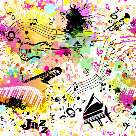 Vector Music background. Seamless pattern with Hand drawn doodle Musical Instruments, Retro musical equipment.のイラスト素材