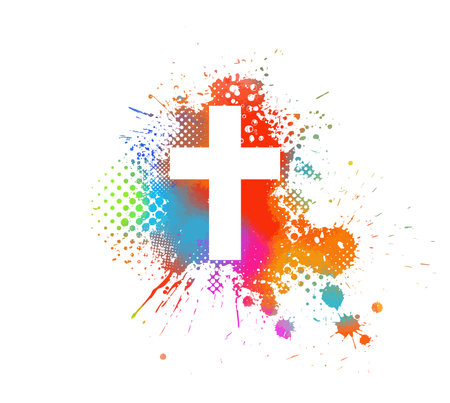 White religious cross on a colored watercolor background. Happy easter. Vector illustrationのイラスト素材
