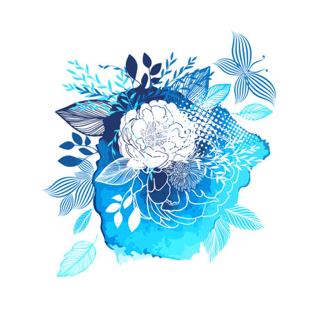 Abstract blue blot and flowers. Vector illustrationのイラスト素材