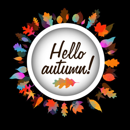 Hello, Autumn. Round frame with autumn yellow, orange leaves. Template for the design of banners, posters, advertising, postcards, sales. Vector illustrationのイラスト素材