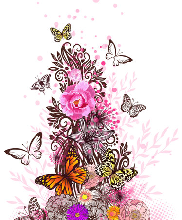 Floral abstraction with butterflies. Vector illustrationのイラスト素材